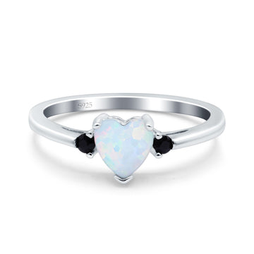 Art Deco Heart Three Stone Wedding Bridal Ring Round Black Lab Created White Opal 925 Sterling Silver
